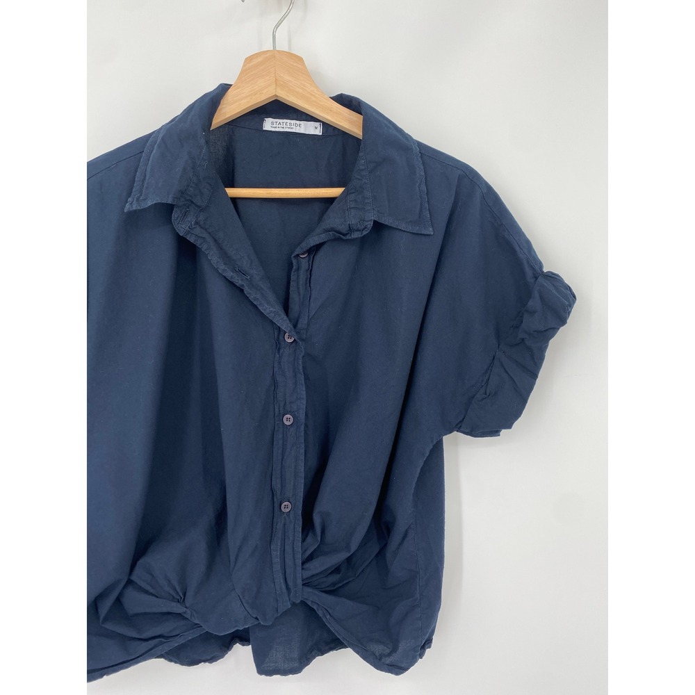 Stateside Button Down Shirt Women Size M Navy Blue Short Sleeve Twist Front